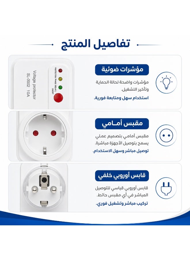 جهاز حماية الجهد الكهربائي للثلاجة والفريزر والتكييف SL-0002، واقي فولت من ارتفاع وانخفاض الكهرباء مع تأخير إعادة التشغيل ومؤشرات LED وفيشة أوروبية - Image 4