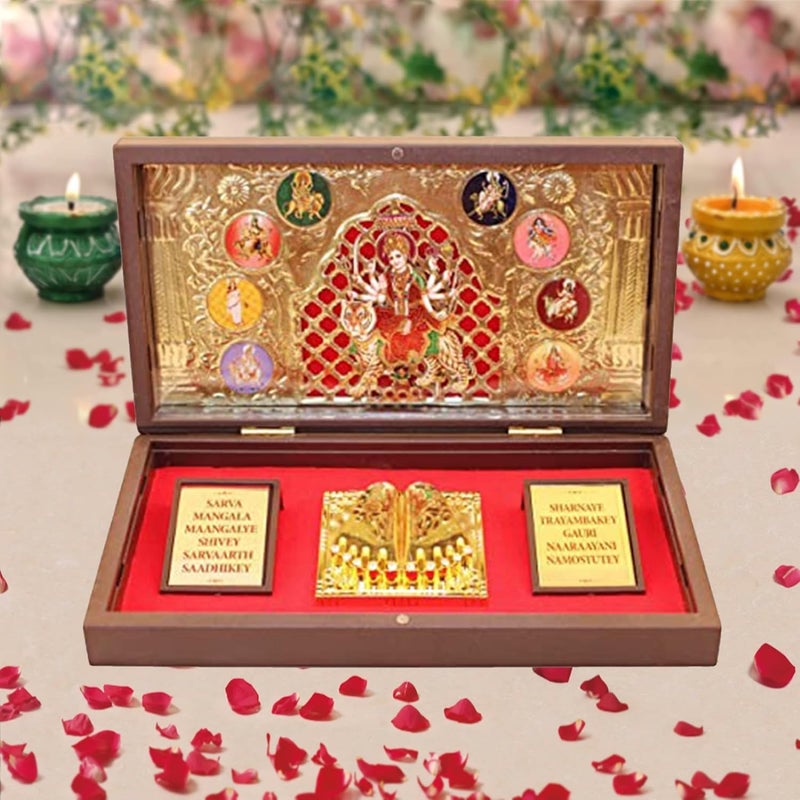 INTERNATIONAL GIFT® Gold Plated Nav Durga Maa God Idol with Charan Paduka | Devotional Prayer Box (13h X 21w X 11.5l Centimeters) Gifting | Pooja Mandir | Home Dcor - Image 4