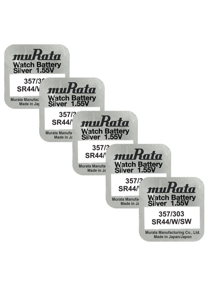 muRATA 5-Pieces Murata 357/303 SR44/W/SW Silver Oxide 1.55V Watch Batteries 