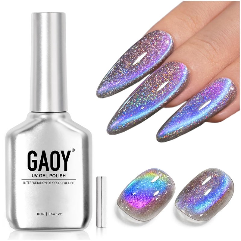 GAOY Rainbow Cat Eye Gel Nail Polish, 16ml Jelly Blue Gray Glitter Holographic Nail Polish with Magnet, Reflective Translucent UV Gel, 3312 Nebula Opal - Image 1