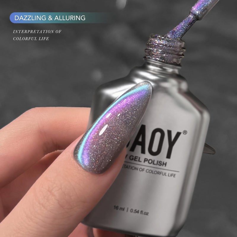 GAOY Rainbow Cat Eye Gel Nail Polish, 16ml Jelly Blue Gray Glitter Holographic Nail Polish with Magnet, Reflective Translucent UV Gel, 3312 Nebula Opal - Image 3