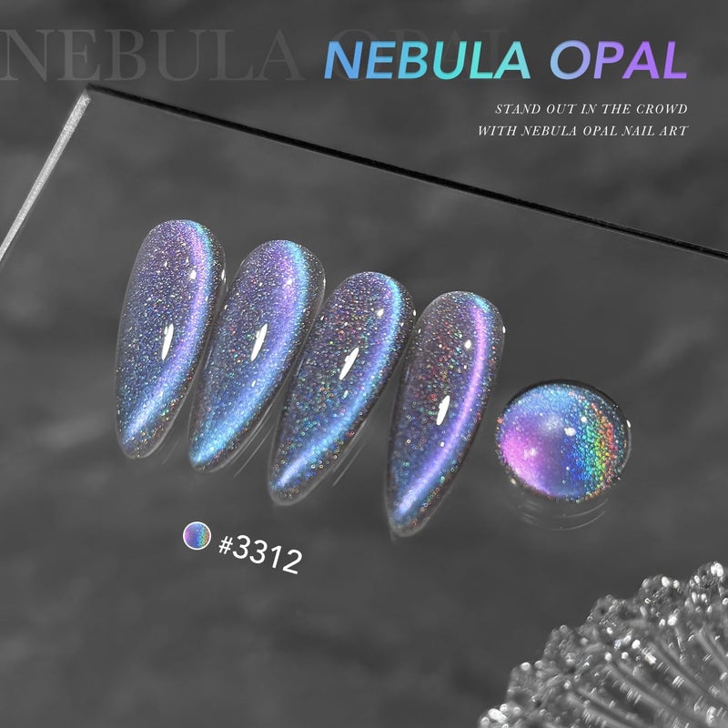 GAOY Rainbow Cat Eye Gel Nail Polish, 16ml Jelly Blue Gray Glitter Holographic Nail Polish with Magnet, Reflective Translucent UV Gel, 3312 Nebula Opal - Image 2