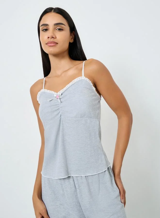 Styli  Pack of 3 - Ruched Front Lace Detail Cami, Shirt and Pyjama for Women | Best Price UAE
