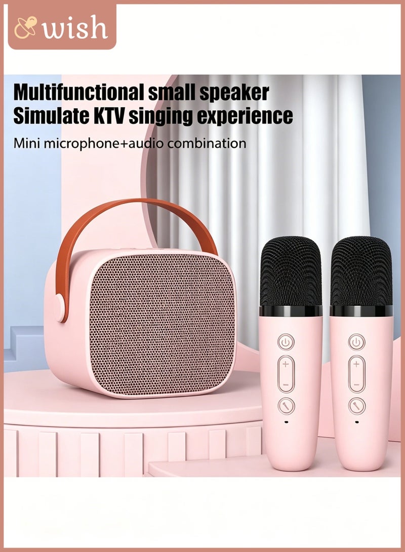 Wish Portable Karaoke Machine with 2 Wireless Microphone Music Player Toys Gifts Children Mini BT Speaker for Kids Pink - Image 1