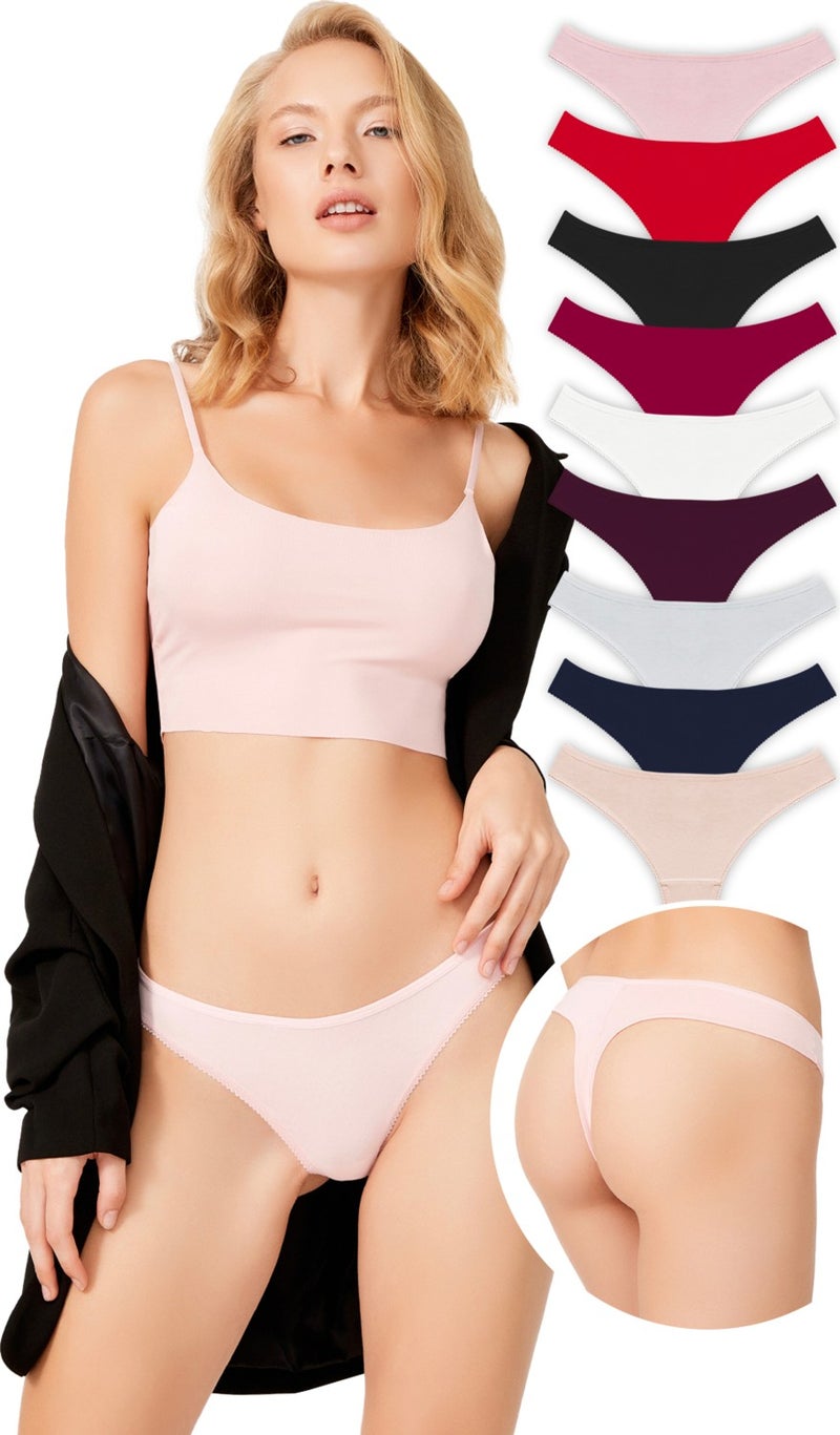 Basic Cotton Lace Detailed Women's Thong Panties 9 Pack