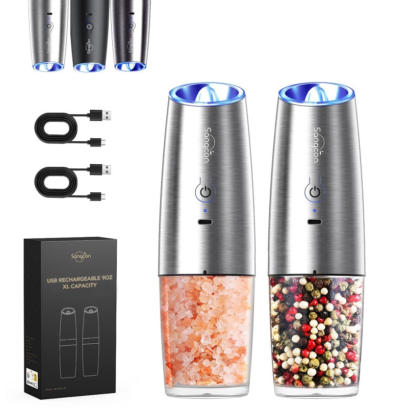 Sangcon Gravity Electric Salt and Pepper Grinder Set RECHARGEABLE Automatic Salt Pepper Shakers USBC No Battery Needed LED Light One Hand Operation Adjustable Coarseness Pepper Mill Set