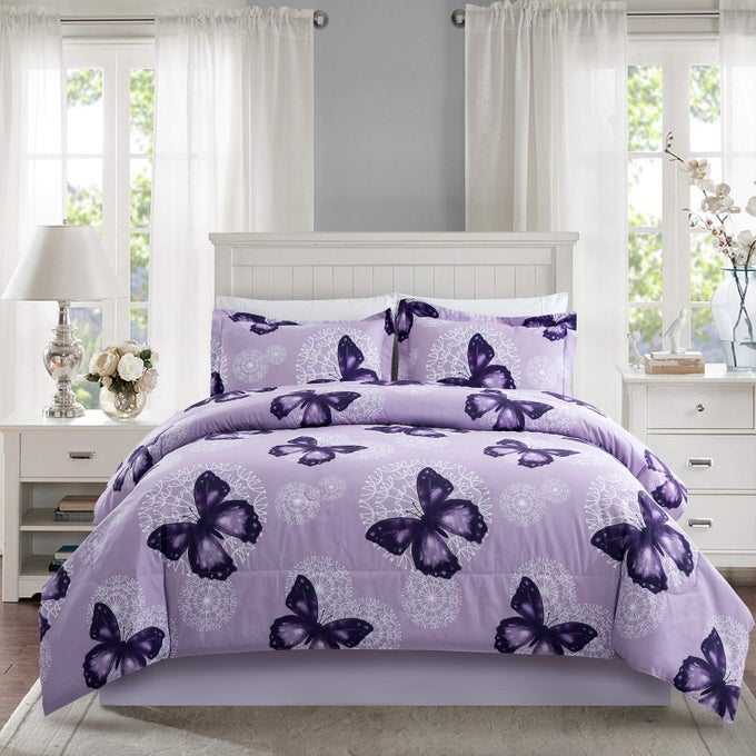 LIGHTWEIGHT MICROFIBER 2 PIECE COMFORTER SET WITH 1 SHAM BUTTERFLY PATTERN BEDDING SET TWIN PURPLE