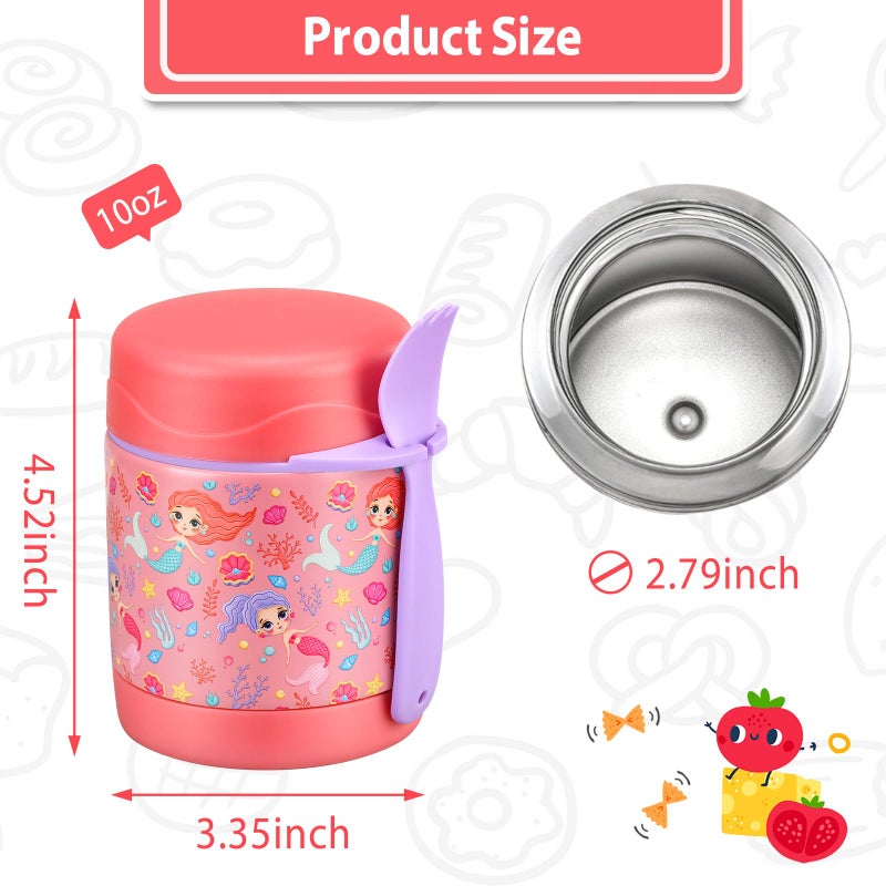 Howeemo 10oz Soup Thermo for Hot Food Kids,Lunch Thermo Kids Food Jar with Spoon Hot Insulated Food Containers,Leak Proof Stainless Steel Wide Mouth Lunch Thermo Jar for School(Pink-Mermaid) - Image 3