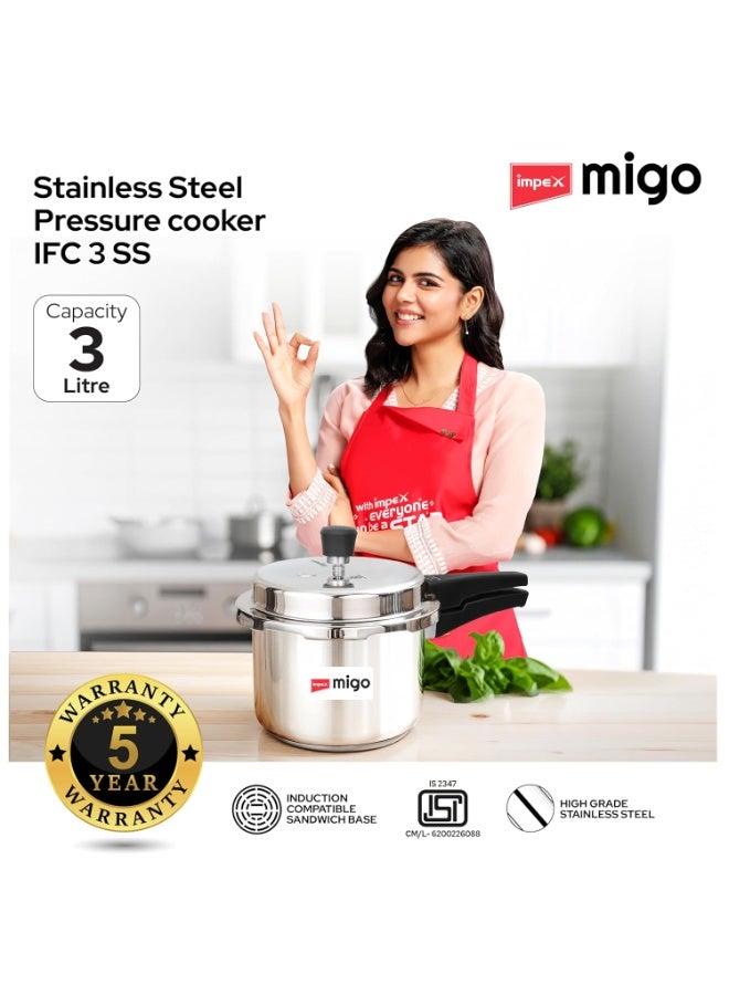 Impex 3 Litre Stainless Steel Pressure Cooker | Outer Lid Induction Base Pressure Cooker | Induction and Gas Stove Competable | ISI Certified | 5 Year Warranty - Image 4