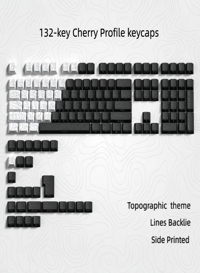 dagaladoo Double Shot PBT keycap Set,White and Black Topographic Keyboard keycaps 60 75 100 Percent,Shine Through Custom keycap Lines Backlit,Cherry Profile Key caps for US Layout Mechanical Keyboard - Image 2