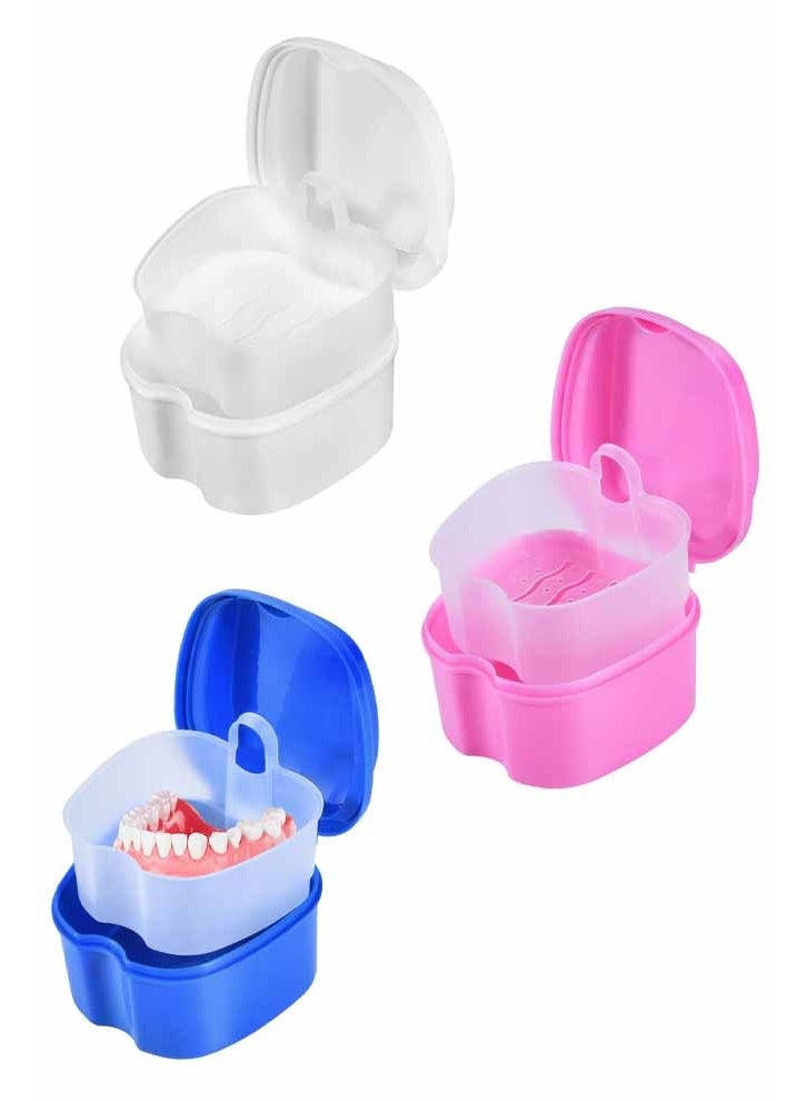 3 Pack Colors Denture Bath Case Cup Box Holder Storage Soak Container with Strainer Basket for Travel Cleaning (Blue，Pink，White) - Image 1