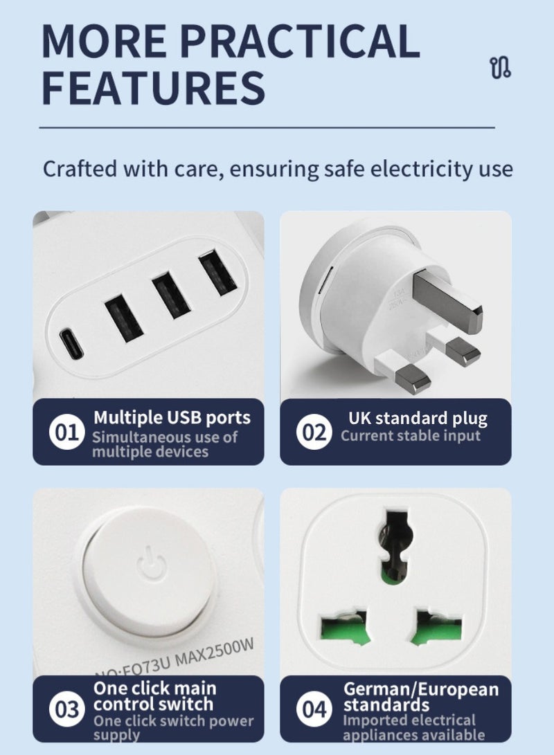 XiuWoo Extension Cord Protector Power Strip with 6 Outlets, 1 Type-C 3 USB-A Ports, 3M Extension Lead Surge Protector with Switch Fast Charging Socket for Home & Office - Image 4