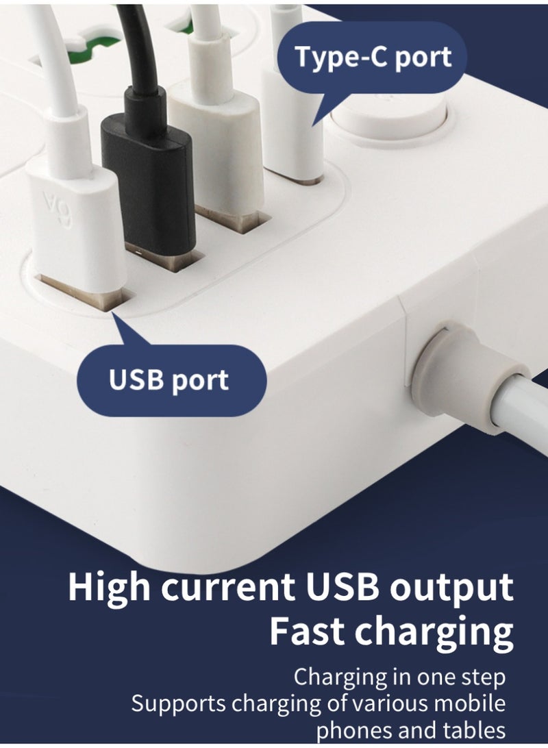 XiuWoo Extension Cord Protector Power Strip with 6 Outlets, 1 Type-C 3 USB-A Ports, 3M Extension Lead Surge Protector with Switch Fast Charging Socket for Home & Office - Image 5