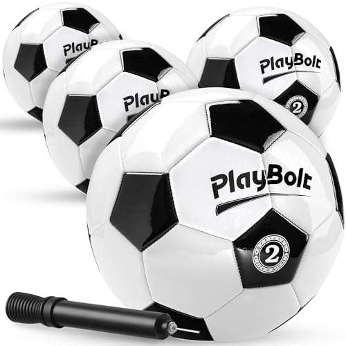 PlayBolt Soccer Ball Size 2 with Pump - Black & White Training Practice & Match Ball for Kids & Toddlers (Pack of 4) - Image 1