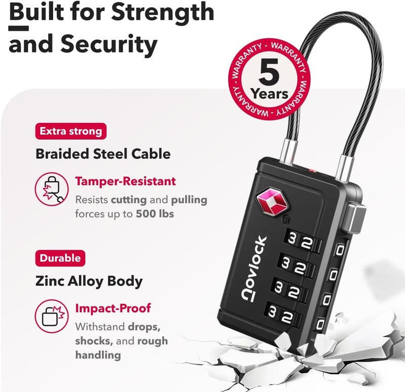 NovLock TSA Luggage Lock with Alert Indicator – 4-Digit Travel Padlock with Flexible Cable for Suitcases, Backpacks & More – Suitcase Lock, 1-Pack, Black - Image 3