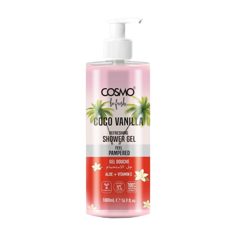 Cosmo Be Fresh Cocoa Vanilla Shower Gel with Aloe & Vitamin E 1000ml, Moisturizing Body Wash, Feel Pampered, Soft & Smooth Skin, Sweet & Warm Scent, Daily Gentle Cleanser for Men & Women - Image 1