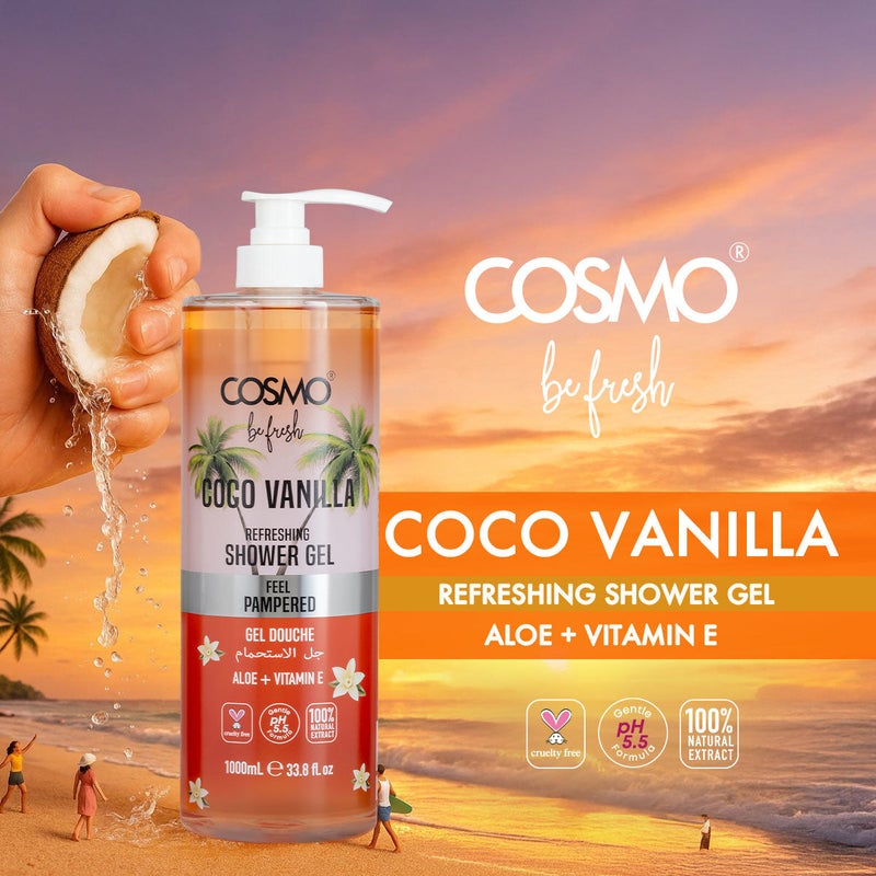 Cosmo Be Fresh Cocoa Vanilla Shower Gel with Aloe & Vitamin E 1000ml, Moisturizing Body Wash, Feel Pampered, Soft & Smooth Skin, Sweet & Warm Scent, Daily Gentle Cleanser for Men & Women - Image 2