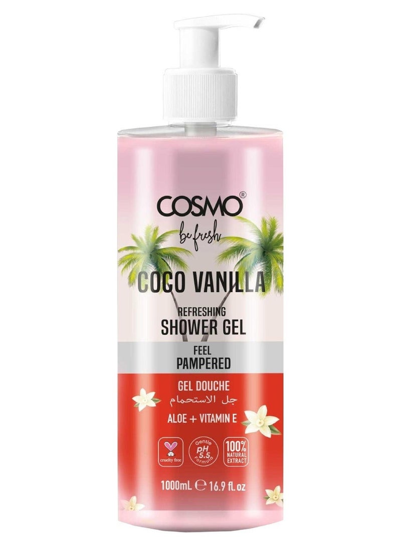 Cosmo Be Fresh Cocoa Vanilla Shower Gel with Aloe & Vitamin E 1000ml, Moisturizing Body Wash, Feel Pampered, Soft & Smooth Skin, Sweet & Warm Scent, Daily Gentle Cleanser for Men & Women - Image 1