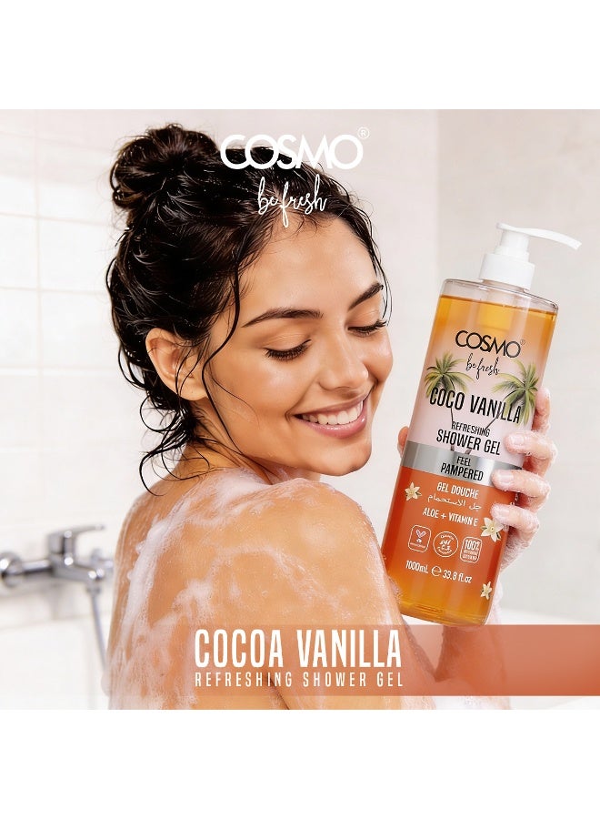 Cosmo Be Fresh Cocoa Vanilla Shower Gel with Aloe & Vitamin E 1000ml, Moisturizing Body Wash, Feel Pampered, Soft & Smooth Skin, Sweet & Warm Scent, Daily Gentle Cleanser for Men & Women - Image 3