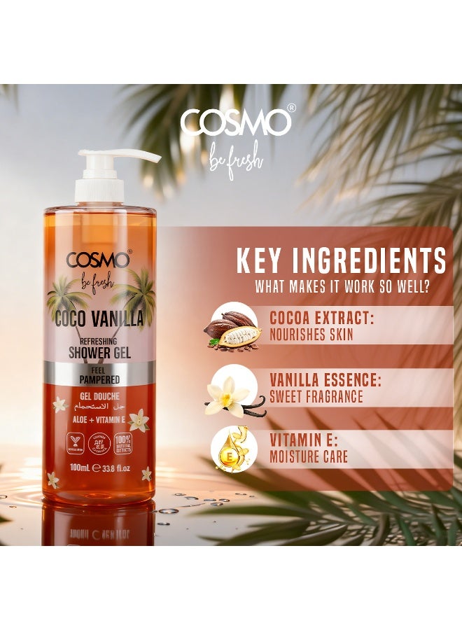 Cosmo Be Fresh Cocoa Vanilla Shower Gel with Aloe & Vitamin E 1000ml, Moisturizing Body Wash, Feel Pampered, Soft & Smooth Skin, Sweet & Warm Scent, Daily Gentle Cleanser for Men & Women - Image 5