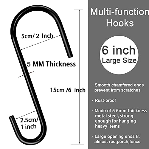 HiGift 6 Inches Large S Hooks Heavy Duty, Black S Shaped Fence Hanger Hooks for Hanging Plants,Wind Chimes,Gardening Tools,Lights,Pool Equipment,Bird Feeder,Bird House,Indoor Outdoor Use - 4 Pack - Image 2