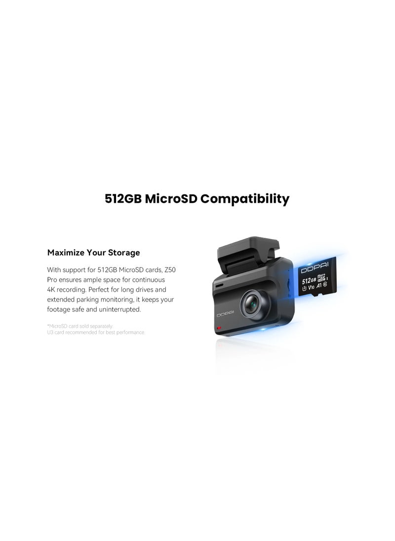 DDBY Z50 Pro Front and Rear Wi-Fi 6 Car Dash Cam Provides Faster 4K Video Transmission with GPS Tracking and 512GB MicroSD Card Support 24/7 Parking Monitoring with Power Management System (PS) Intelligently detects vehicle voltage to avoid battery drain