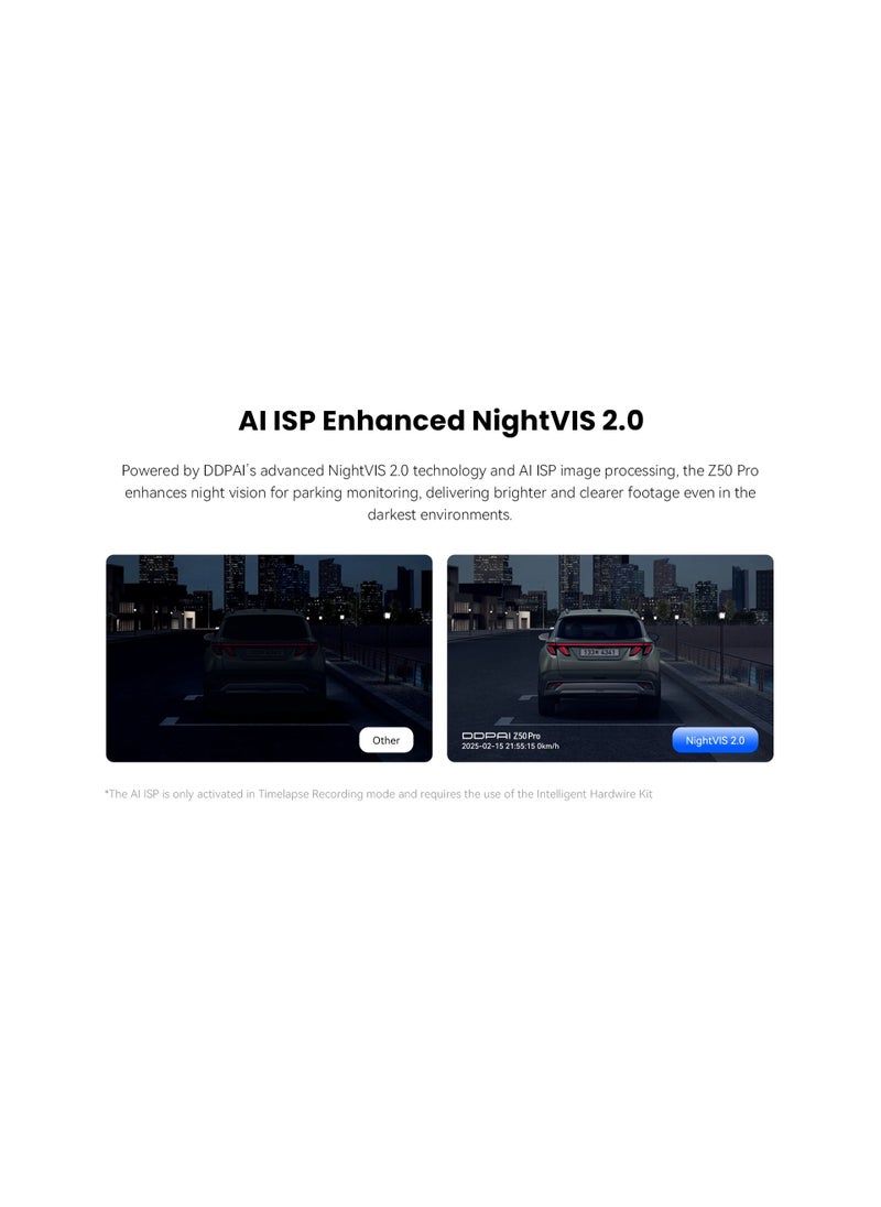 DDBY Z50 Pro Front and Rear Wi-Fi 6 Car Dash Cam Provides Faster 4K Video Transmission with GPS Tracking and 512GB MicroSD Card Support 24/7 Parking Monitoring with Power Management System (PS) Intelligently detects vehicle voltage to avoid battery drain
