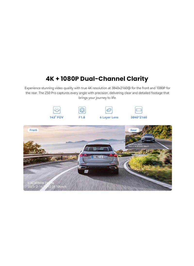 DDBY Z50 Pro Front and Rear Wi-Fi 6 Car Dash Cam Provides Faster 4K Video Transmission with GPS Tracking and 512GB MicroSD Card Support 24/7 Parking Monitoring with Power Management System (PS) Intelligently detects vehicle voltage to avoid battery drain