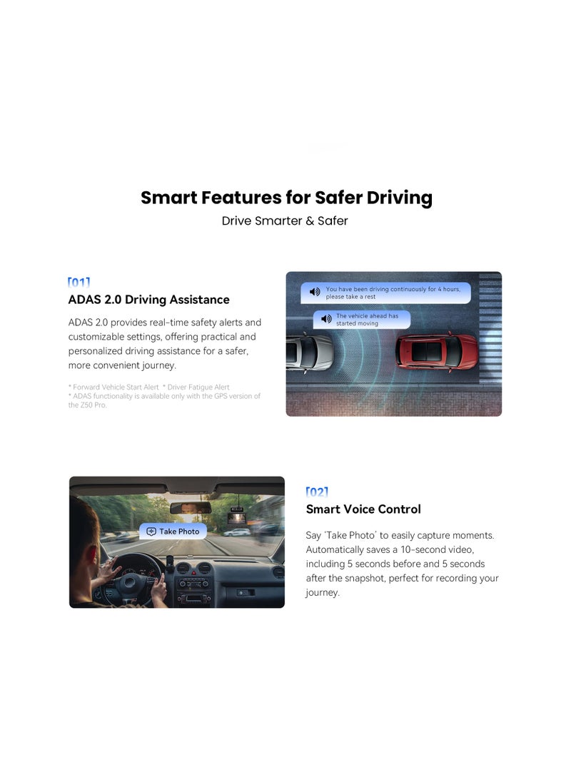 DDBY Z50 Pro Front and Rear Wi-Fi 6 Car Dash Cam Provides Faster 4K Video Transmission with GPS Tracking and 512GB MicroSD Card Support 24/7 Parking Monitoring with Power Management System (PS) Intelligently detects vehicle voltage to avoid battery drain