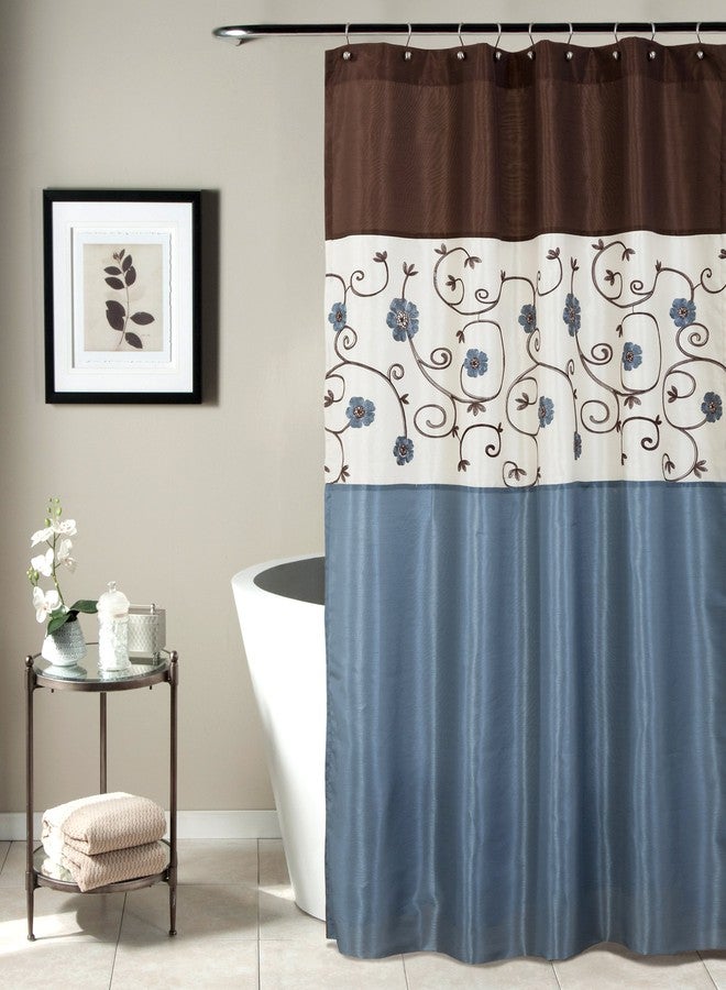 Lush Decor Blue Royal Garden Shower Curtain | Fabric Floral Color Block Stripe Neutral Bathroom Decor, 72" x 72", 72 inch x 72 inch - Image 1