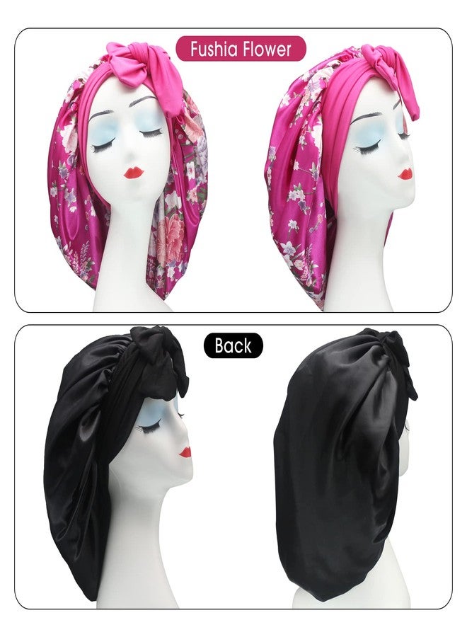 Hanbertti 2 Pack Silk Satin Hair Bonnet with Stretch Tie Band for Curly Hair Sleeping Adult Women Girls (Black + Fushia Flower) - Image 2