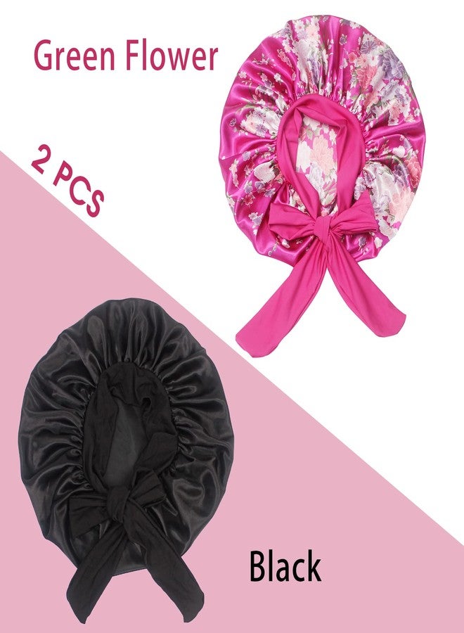 Hanbertti 2 Pack Silk Satin Hair Bonnet with Stretch Tie Band for Curly Hair Sleeping Adult Women Girls (Black + Fushia Flower) - Image 3
