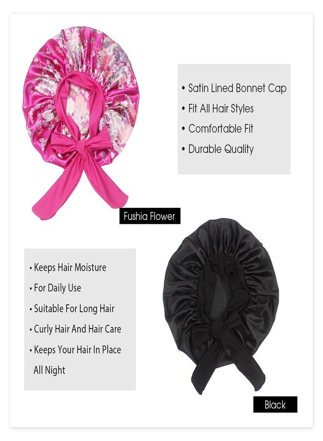 Hanbertti 2 Pack Silk Satin Hair Bonnet with Stretch Tie Band for Curly Hair Sleeping Adult Women Girls (Black + Fushia Flower) - Image 4