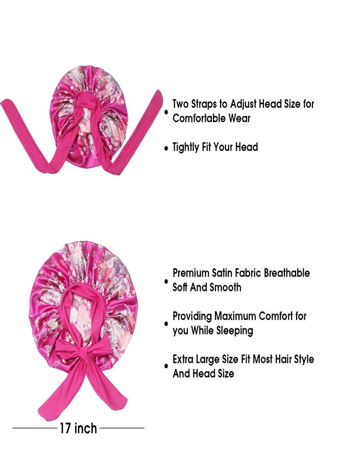 Hanbertti 2 Pack Silk Satin Hair Bonnet with Stretch Tie Band for Curly Hair Sleeping Adult Women Girls (Black + Fushia Flower) - Image 5