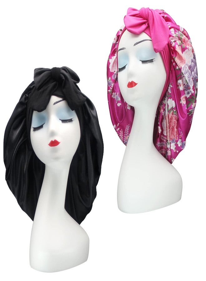 Hanbertti 2 Pack Silk Satin Hair Bonnet with Stretch Tie Band for Curly Hair Sleeping Adult Women Girls (Black + Fushia Flower) - Image 1