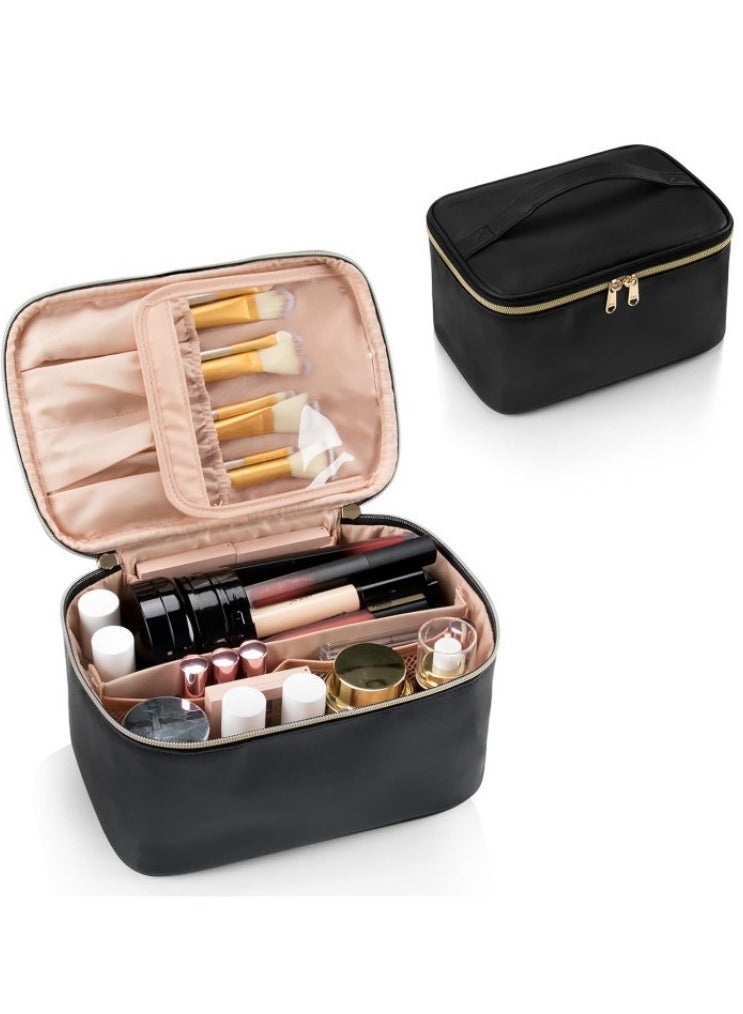 Portable Cosmetic Bag, Large Capacity Travel Makeup Case Organizer, Black For Women Toiletry Bag for Girls Traveling With Handle and Divider - Image 1