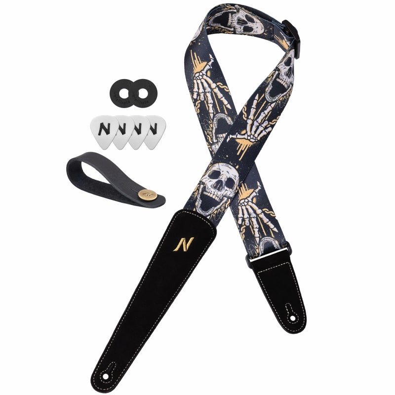 Nefelibata Guitar Strap Skulls, 2 Inch Guitar Straps with Extended Soft Black Suede Leather End for Acoustic Guitar, Electric Guitar, Bass, Gift for Guitarists - Image 1