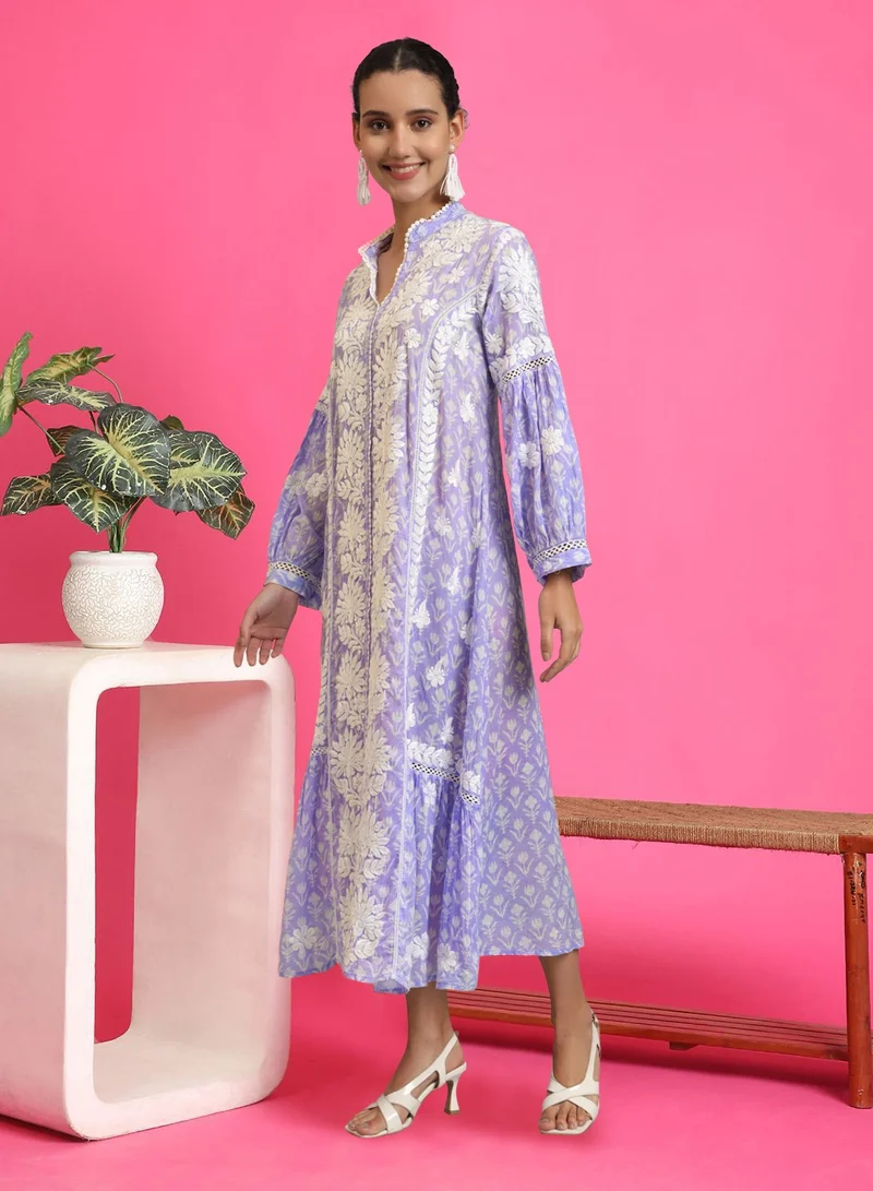 Alaya Hand Embroidered Chikankari Mulmul Cotton Printed Jalabiya-AL4053