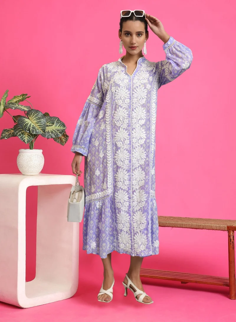 Alaya Hand Embroidered Chikankari Mulmul Cotton Printed Jalabiya-AL4053