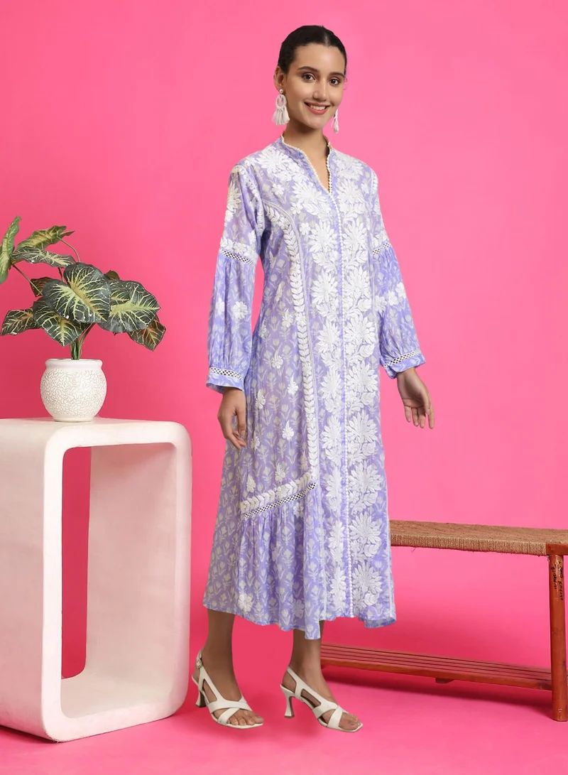 Alaya Hand Embroidered Chikankari Mulmul Cotton Printed Jalabiya-AL4053