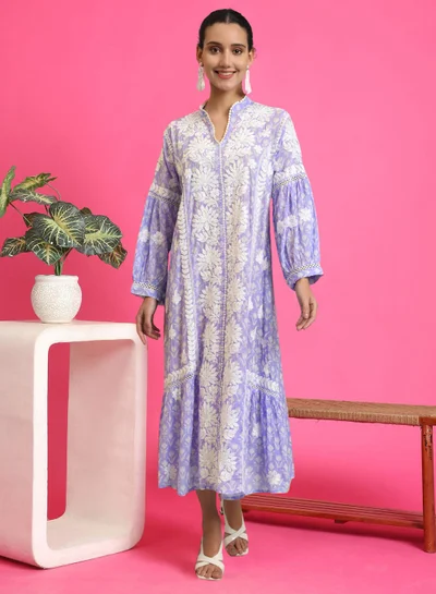 Alaya Hand Embroidered Chikankari Mulmul Cotton Printed Jalabiya-AL4053
