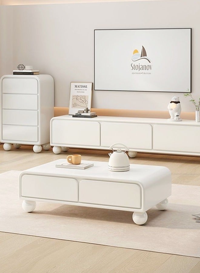 فاشون هوم متعددة الوظائف جولة الزاوية تصميم الخشب الصلب طاولة القهوة جولة القدم مركز الجدول مع السكك الحديدية الصامتة المسار 4 أدراج التخزين منخفضة خدمة الجدول لغرفة المعيشة مكتب منزلي 120x60x39.5 سم - Image 2