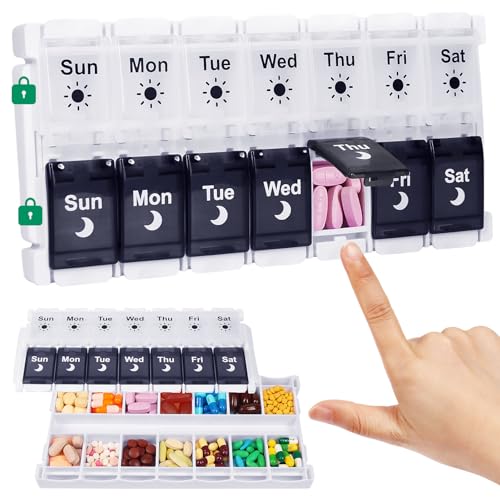 Shintop Pill Organizer 2 Times a Day Easy Fill Weekly Pill Box Am Pm Push Button Pill Container 7 Day Medicine Organizer for Vitamins Supplements BlackWhite