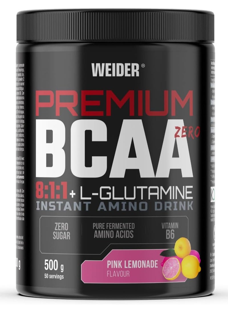 Weider Premium BCAA Zero 8:1:1 + L-Glutamine - Pink Lemonade Flavour - 500g, High Leucine Ratio Amino Acid Supplement
