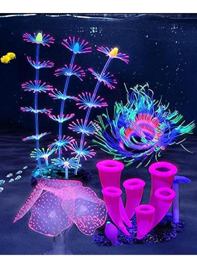 يُسلِّم 4 قطع من زينة حوض السمك المتوهجة، مصنوعة من السيليكون المتوهج، مصنوعة من نباتات الشعاب المرجانية الاصطناعية لحوض السمك - Image 1