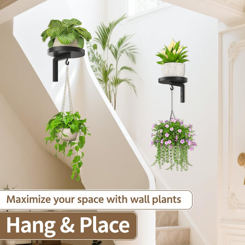 LASZOLA Plant Hangers Shelves Wall Mounted Indoor, Metal Window Plant Holders, 2Pcs Modern Floating Flower Display Stand with 2 Hooks for Outdoor Kitchen Bathroom Decor, Black - Image 4