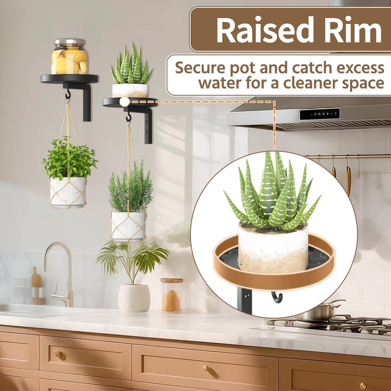 LASZOLA Plant Hangers Shelves Wall Mounted Indoor, Metal Window Plant Holders, 2Pcs Modern Floating Flower Display Stand with 2 Hooks for Outdoor Kitchen Bathroom Decor, Black - Image 5