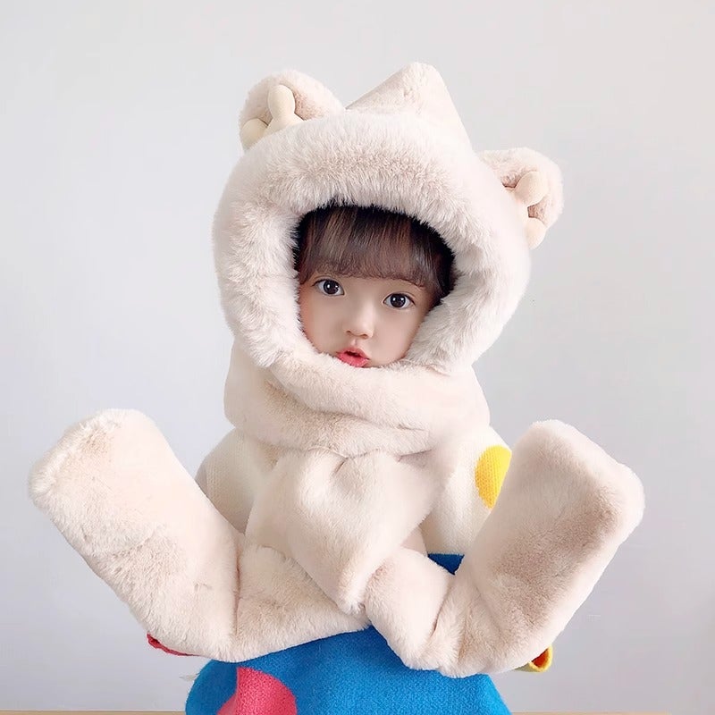 Kids Winter Hat Scarf Gloves Set Beige - Image 1