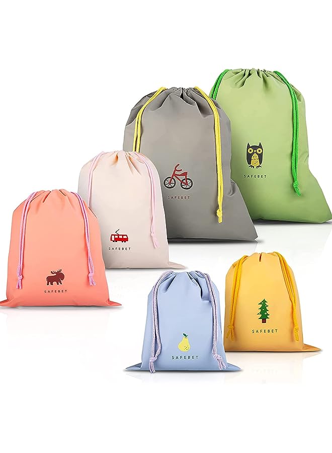 PROMASS Waterproof Drawstring Bags, 6 Pack PE Bags Drawstring Gym Bags Small Medium Large Drawstring Bag for Sports Swim Travel Shoe Storage 6 Patterns 3 Sizes  - Image 1