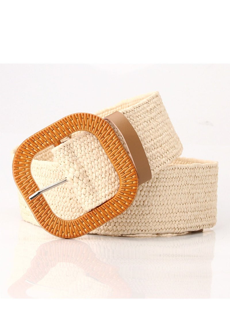 Loquat - Imitation Grass Knitted Simple All Round Buckle Elastic Braided Elastic Belt 97cm Beige - Image 1